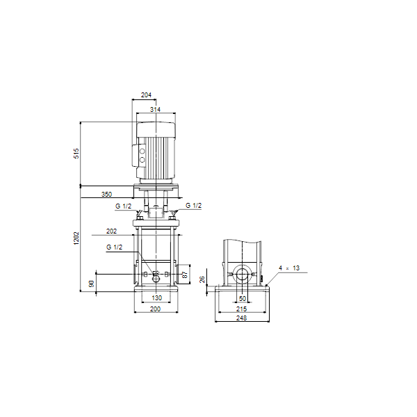 Вертикальный многоступенчатый центробежный насос Grundfos CRN 20-17 A-CA-A-V-HQQV артикул 96500673 – габаритный чертеж