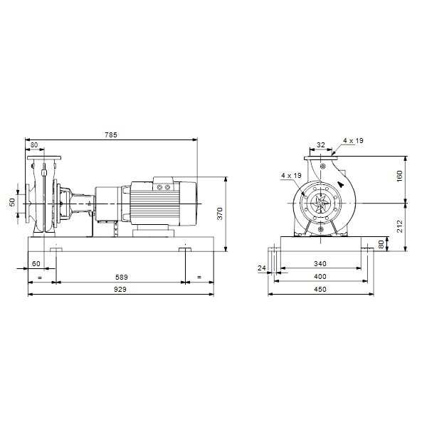Консольный насос с односторонним всасыванием Grundfos NKGE 50-32-160.1/139 A1-F-K-E-BQQE артикул 98112318 – габаритный чертеж