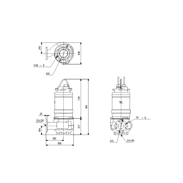Погружной канализационный насос Grundfos S1.100.125.100.4.50L.H.243.G.EX.D.513 артикул 96781015 – габаритный чертеж