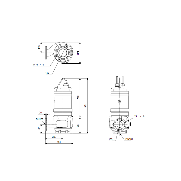 Погружной канализационный насос Grundfos S1.80.100.75.4.50S.H.275.Q.N.D.511 артикул 96810914 – габаритный чертеж