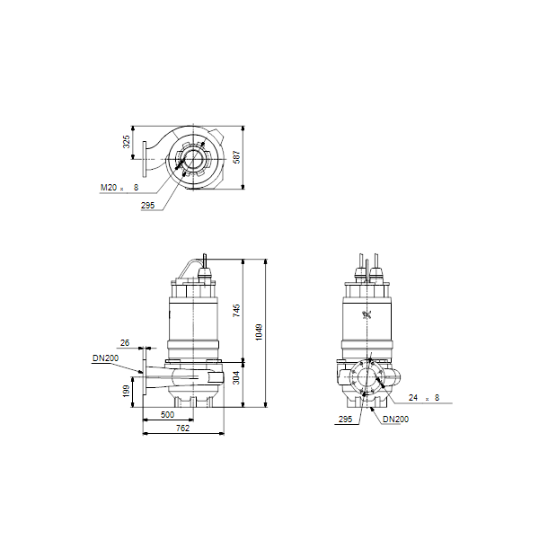 Погружной канализационный насос Grundfos S2.100.200.170.4.54L.H.227.G.N.D.513 артикул 95114464 – габаритный чертеж