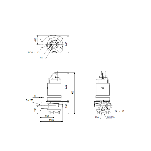 Погружной канализационный насос Grundfos S2.100.250.135.4.54E.D.218.G.N.D.511 артикул 95113528 – габаритный чертеж