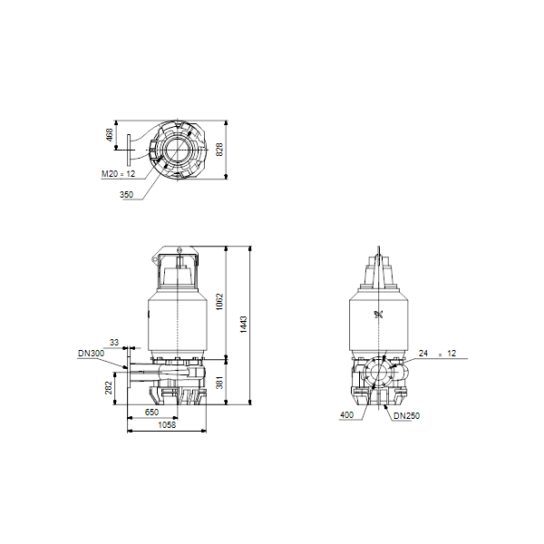 Погружной канализационный насос Grundfos S2.100.300.160.6.58E.D.304.G.N.D.513GPA артикул 96810413 – габаритный чертеж