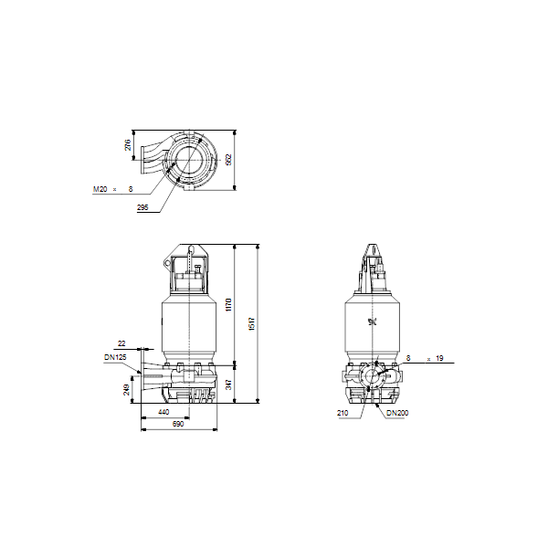 Погружной канализационный насос Grundfos S1.100.125.300.4.62M.D.314.G.EX.D.511 артикул 96788056 – габаритный чертеж