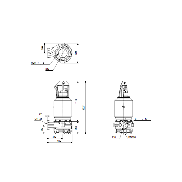Погружной канализационный насос Grundfos S1.80.125.400.4.62H.H.374.G.N.D.513GPA артикул 96810429 – габаритный чертеж