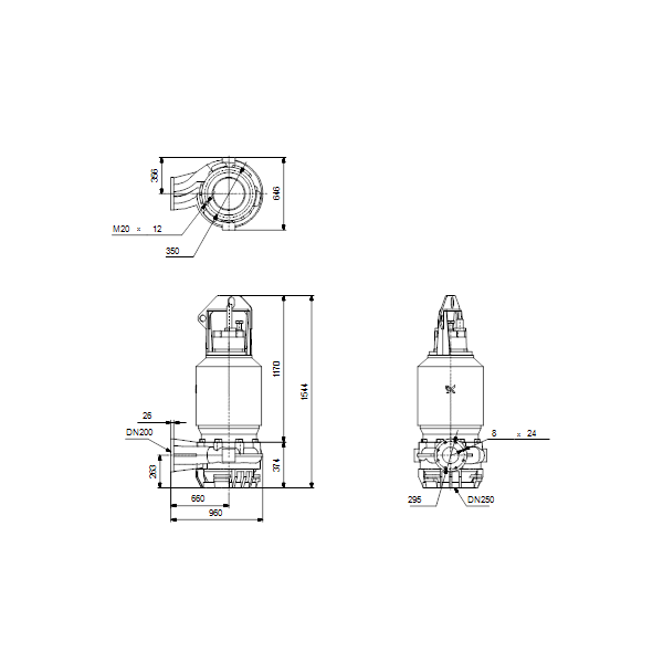 Погружной канализационный насос Grundfos S2.100.200.500.4.62L.D.290.G.EX.D.511 артикул 96788072 – габаритный чертеж