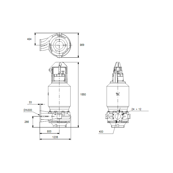 Погружной канализационный насос Grundfos S2.100.300.400.4.62E.S.281.G.EX.D.513 артикул 96784055 – габаритный чертеж