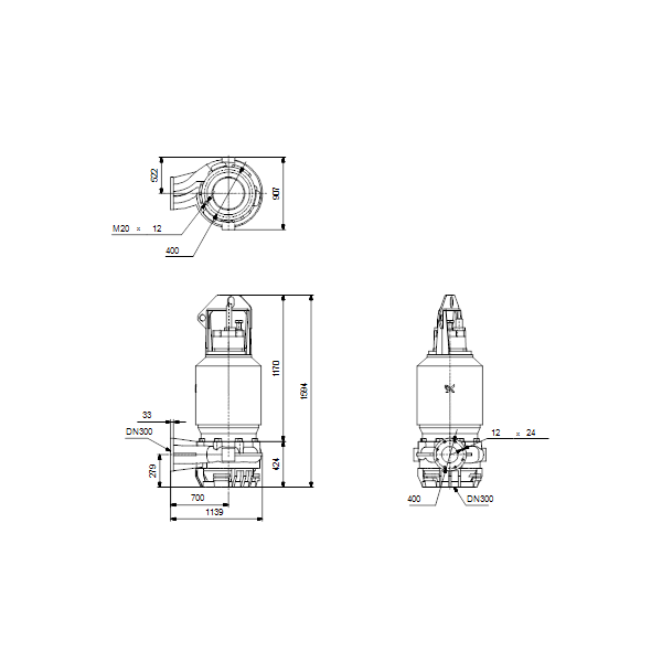 Погружной канализационный насос Grundfos S3.120.300.150.12.62F.H.449.Q.N.D.511 артикул 96811645 – габаритный чертеж