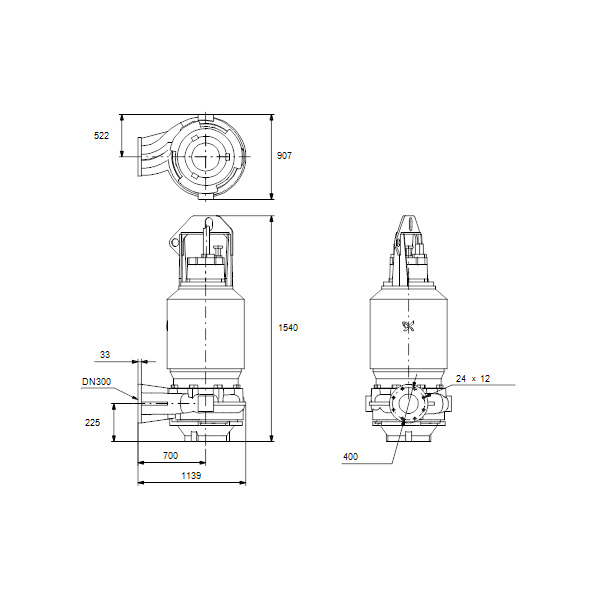 Погружной канализационный насос Grundfos S3.120.300.150.12.62F.S.449.Q.EX.D.511 артикул 96811694 – габаритный чертеж