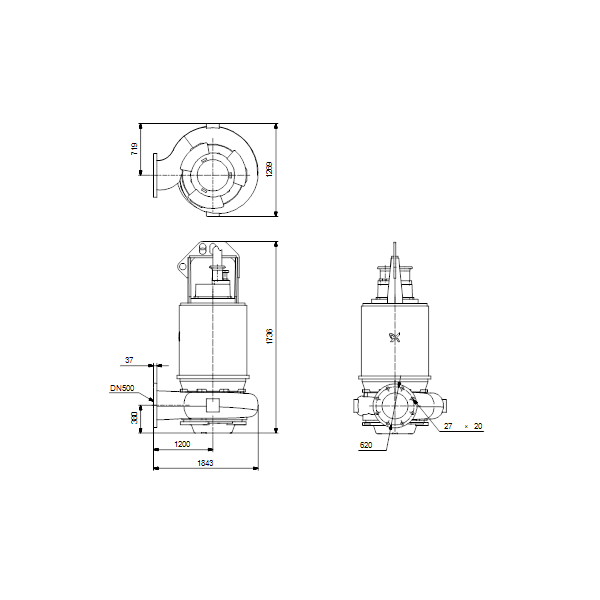 Погружной канализационный насос Grundfos S3.110.500.350.10.66L.S.474.G.N.D.513GPA артикул 96810514 – габаритный чертеж