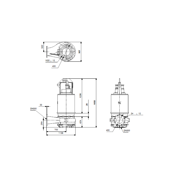 Погружной канализационный насос Grundfos S3.120.300.500.8.66M.H.449.Q.N.D.511 артикул 96811750 – габаритный чертеж