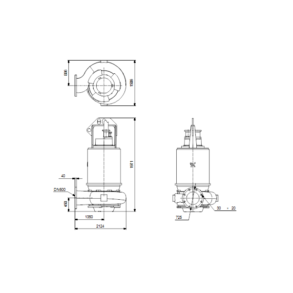Погружной канализационный насос Grundfos S3.120.600.500.8.66E.S.432.Q.EX.D.511 артикул 96811979 – габаритный чертеж