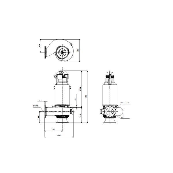 Погружной канализационный насос Grundfos S3.110.500.800.6.70L.C.370.G.N.D.513 артикул 96796956 – габаритный чертеж