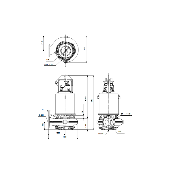 Погружной канализационный насос Grundfos S3.110.500.800.6.70L.D.370.G.N.D.513 артикул 96796957 – габаритный чертеж
