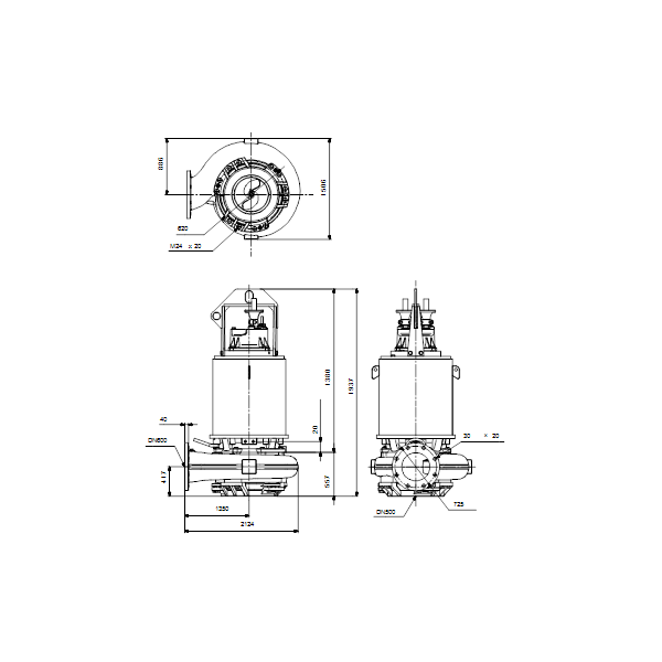 Погружной канализационный насос Grundfos S3.120.600.650.8.70E.D.459.Q.N.D.511 артикул 96811789 – габаритный чертеж