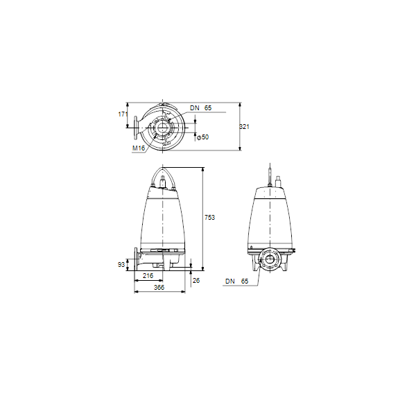 Погружной канализационный насос Grundfos SE1.50.65.22.A.EX.2.50D.B артикул 96177673 – габаритный чертеж