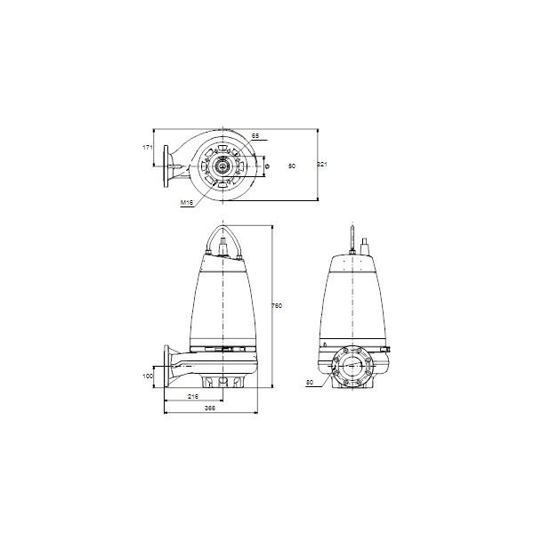 Погружной канализационный насос Grundfos SE1.50.80.30.A.EX.2.50D.B артикул 96177677 – габаритный чертеж
