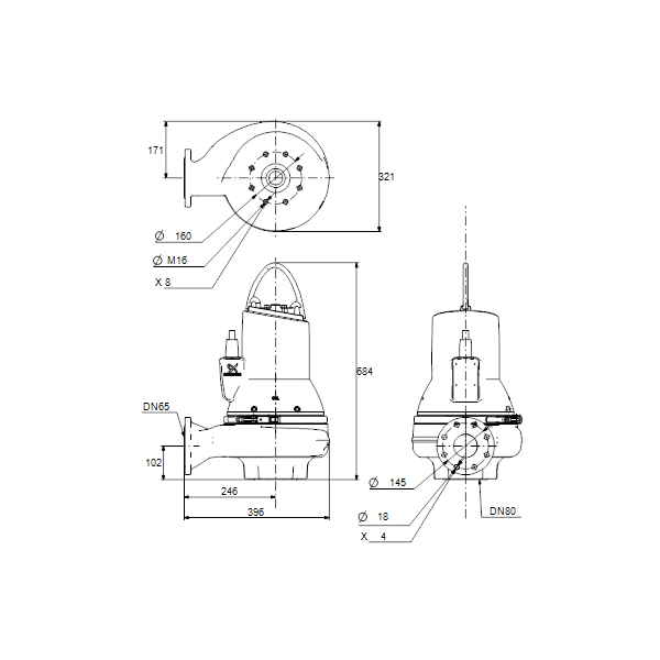 Погружной канализационный насос Grundfos SLV.65.65.22.2.50D.C.Q артикул 98626803 – габаритный чертеж
