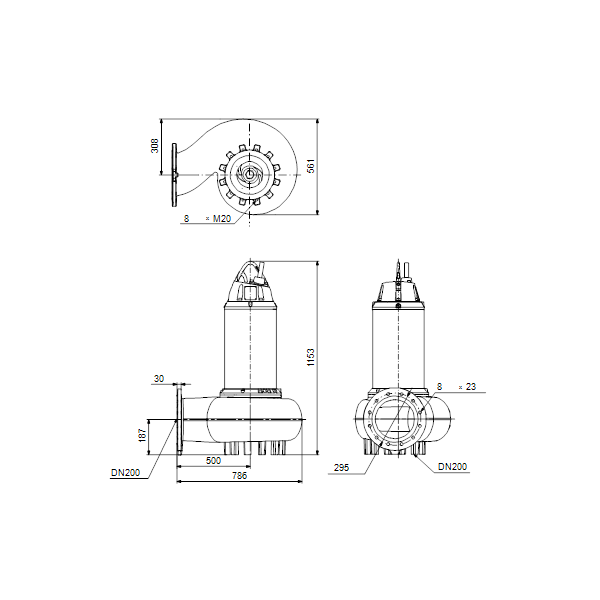 Погружной канализационный насос Grundfos SE1.110.200.200.4.52M.H.Q.EX.51D артикул 99411970 – габаритный чертеж