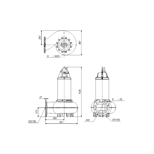 Погружной канализационный насос Grundfos SE1.95.150.200.4.52H.C.Q.EX.51D артикул 99411818 – габаритный чертеж