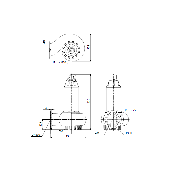 Погружной канализационный насос Grundfos SE2.125.300.180.6.52E.H.N.51D артикул 99354776 – габаритный чертеж