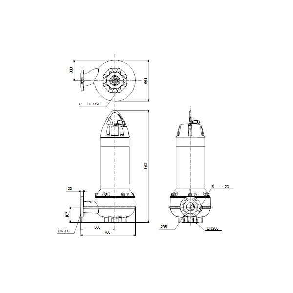 Погружной канализационный насос Grundfos SL1.110.200.200.4.52M.S.EX.51D артикул 98179881 – габаритный чертеж