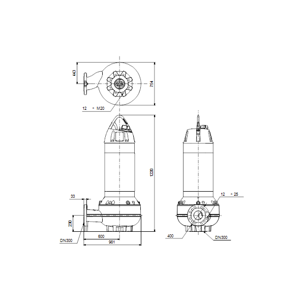 Погружной канализационный насос Grundfos SL2.125.300.180.6.52E.S.Q.N.51D артикул 99363193 – габаритный чертеж