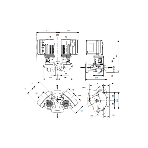 Одноступенчатый вертикальный центробежный насос «ин-лайн» Grundfos TPE2 D 65-200-N A-F-A-BQBE артикул 99224055 – габаритный чертеж