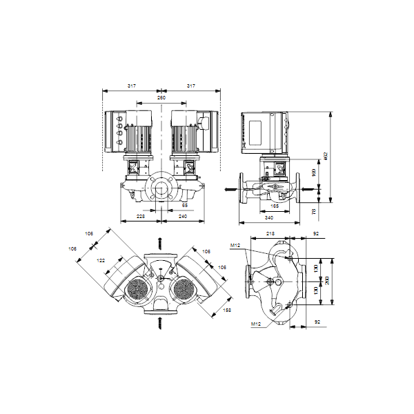 Одноступенчатый вертикальный центробежный насос «ин-лайн» Grundfos TPE3 D 65-150-S A-F-A-BQBE артикул 99272670 – габаритный чертеж