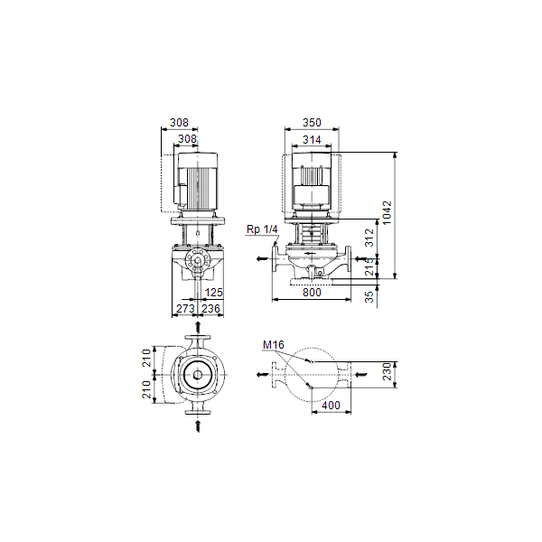 Одноступенчатый вертикальный центробежный насос «ин-лайн» Grundfos TPE 125-230/4 A-F-A-BAQE артикул 98743708 – габаритный чертеж