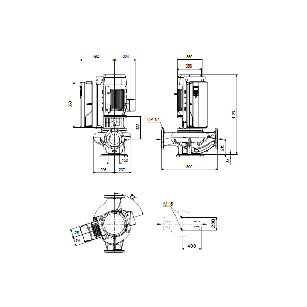 Одноступенчатый вертикальный центробежный насос «ин-лайн» Grundfos TPE 150-250/4-NC A-F-A-BAQE артикул 99473605 – габаритный чертеж