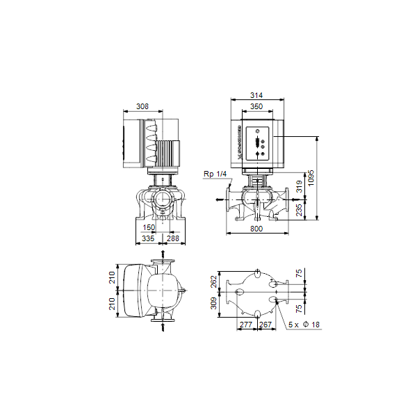 Одноступенчатый вертикальный центробежный насос «ин-лайн» Grundfos TPE 150-260/4 A-F-A-BAQE артикул 96306127 – габаритный чертеж