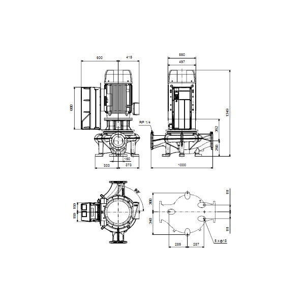 Одноступенчатый вертикальный центробежный насос «ин-лайн» Grundfos TPE 150-520/4-NC A-F-A-BAQE артикул 99473582 – габаритный чертеж