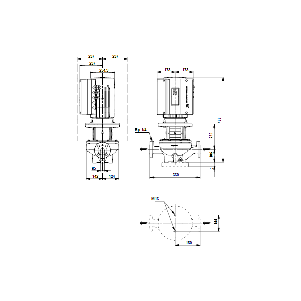 Одноступенчатый вертикальный центробежный насос «ин-лайн» Grundfos TPE 65-410/2 A-F-A-BAQE артикул 99113901 – габаритный чертеж