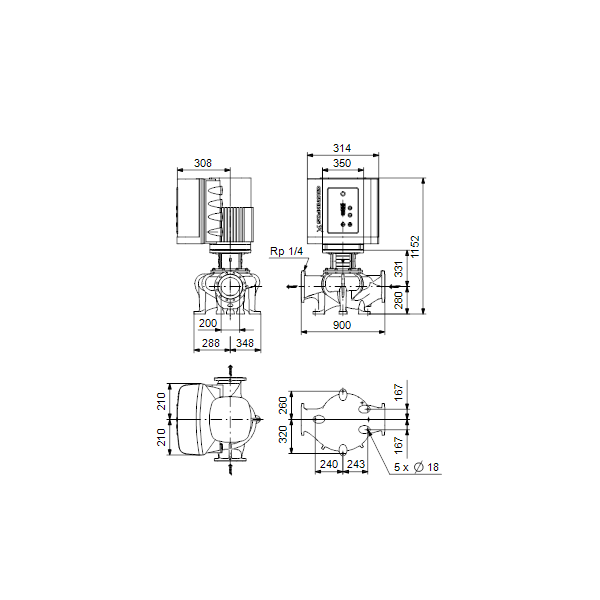 Одноступенчатый вертикальный центробежный насос «ин-лайн» Grundfos TPE 200-190/4-S A-F-A-BAQE артикул 95046235 – габаритный чертеж