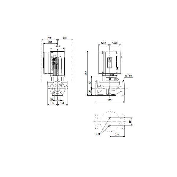 Одноступенчатый вертикальный центробежный насос «ин-лайн» Grundfos TPE 65-240/4-S A-F-A-BAQE артикул 99114591 – габаритный чертеж
