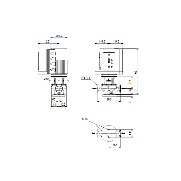Одноступенчатый вертикальный центробежный насос «ин-лайн» Grundfos TPE 65-250/2-S A-F-A-BAQE артикул 99114578 – габаритный чертеж